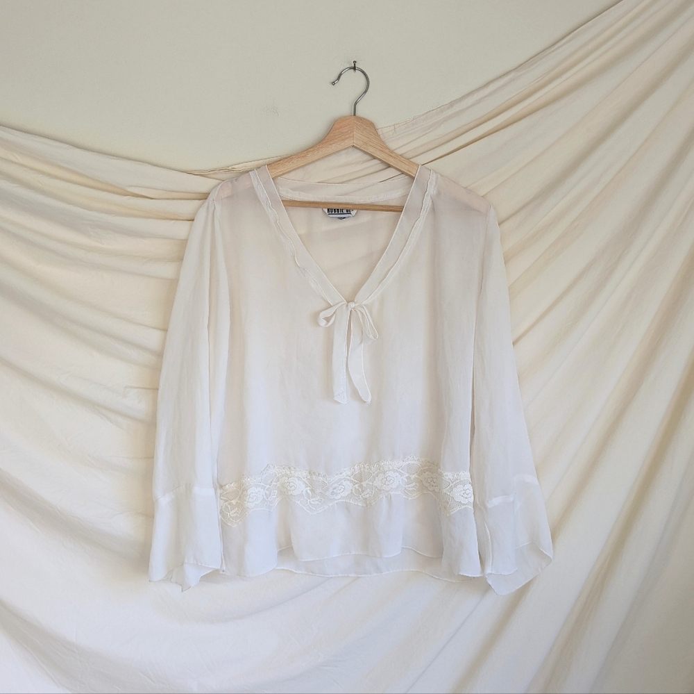Vtg Boho Cream Sheer Flowy 3/4 Sleeve Lace Tie Front Boxy Blouse Top L